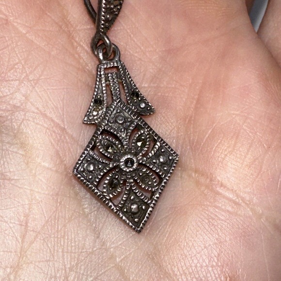 Sterling Silver Marcasite MO 925 Dangle Charm Pendant Signed Diamond Shape - Picture 3 of 9